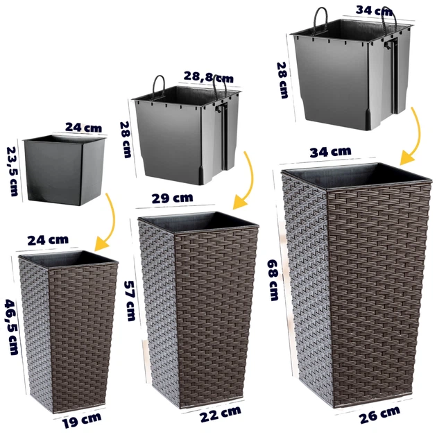 Donice na kwiaty z wkładem Kadax Pesaro K8060 25 cm + 30 cm + 35 cm Mokka - obraz 2