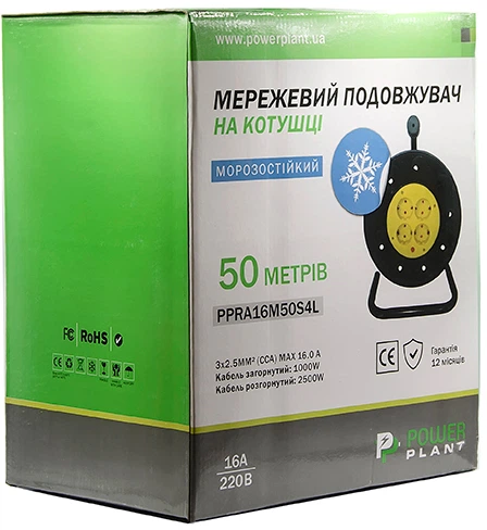Подовжувач на котушці PowerPlant 50 м, 3x2.5мм2, 16А, 4 розетки, морозостойкий (JY-2002/50) (PPRA16M50S4L) - зображення 3