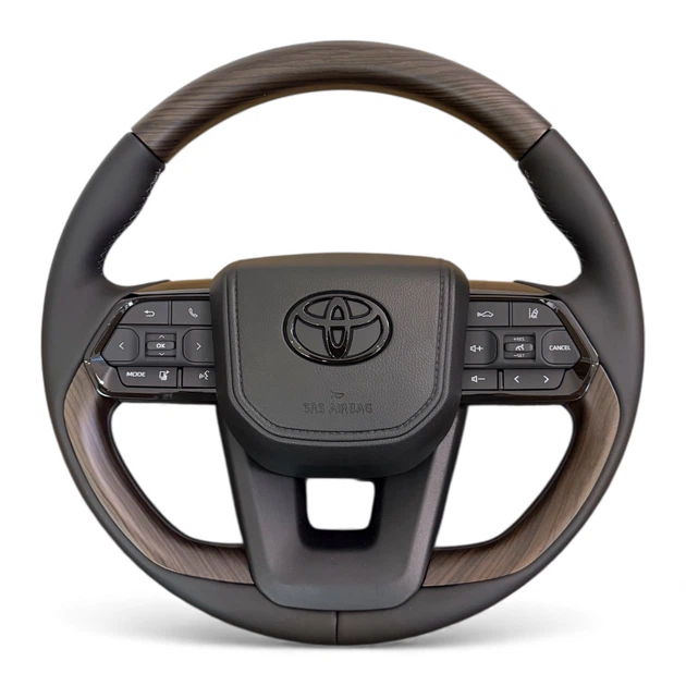Руль для Toyota Land Cruiser 100, Prado 120. Коричневое дерево. Черный логотип. В стиле LC300. В сборе. - изображение 3