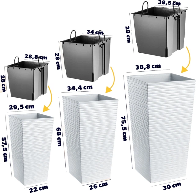 Donice na kwiaty z wkładem Kadax Tuluza K8071 30 cm + 35 cm + 40 cm Białe - obraz 2