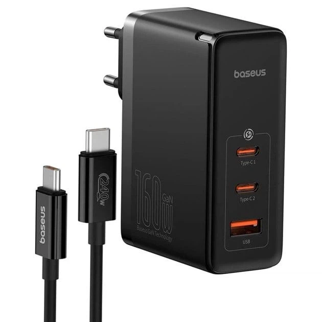 Сетевое зарядное устройство Baseus GaN5 Pro 160W 2Type-C + USB 5A с функцией быстрой зарядки QC4.0+PD3.1 + Кабель Type-C to Type-C 240W 48V/5A 1м (P10110825113-00) Black - изображение 2