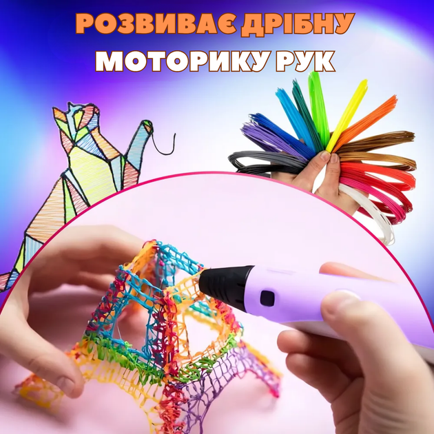 Большой набор для рисования и творчества 3Д ручка для детей 3D Pen-6 с LCD дисплеем с электронным планшетом + 100 м пластинки PLA + детские трафареты Фиолетовый - изображение 5