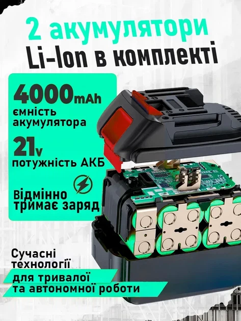 Набір електроінструментів 5в 1 з кейсом і 2 АКБ 28V шуруповерт, гайковерт, міні-пила, пилосос, повітродувка. Блакитний - зображення 10