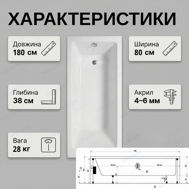 Ванна Insana Milas 180x80см акриловая пристенная чаша для ванны без ножек 38 см глубина компакт белая - изображение 3