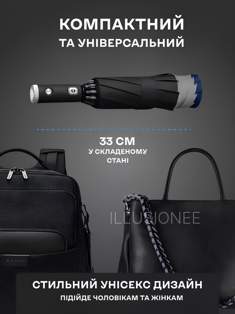 Зонт автомат зонтик с LED фонариком светоотражающей лентой 10 спиц складной компактный ветрозащитный зонты с прочным механизмом антиветер мужской женский автоматический удобный от дождя для сумки путешествий дороги прогулок дорожный синий 3DTOYSLAMP - изображение 2