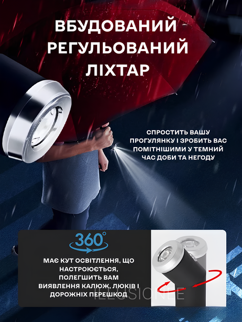 Зонт автомат зонтик с LED фонариком светоотражающей лентой 10 спиц складной компактный ветрозащитный зонты с прочным механизмом антиветер мужской женский автоматический удобный от дождя для сумки путешествий дороги прогулок дорожный красный 3DTOYSLAMP - изображение 12