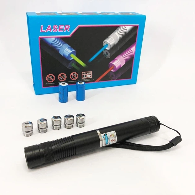 Лазерная указка YX-B008, 5 насадок 50000mW, SP2 синий луч 2 АКБ 16340 до 50км Blue Laser.Черный - изображение 7