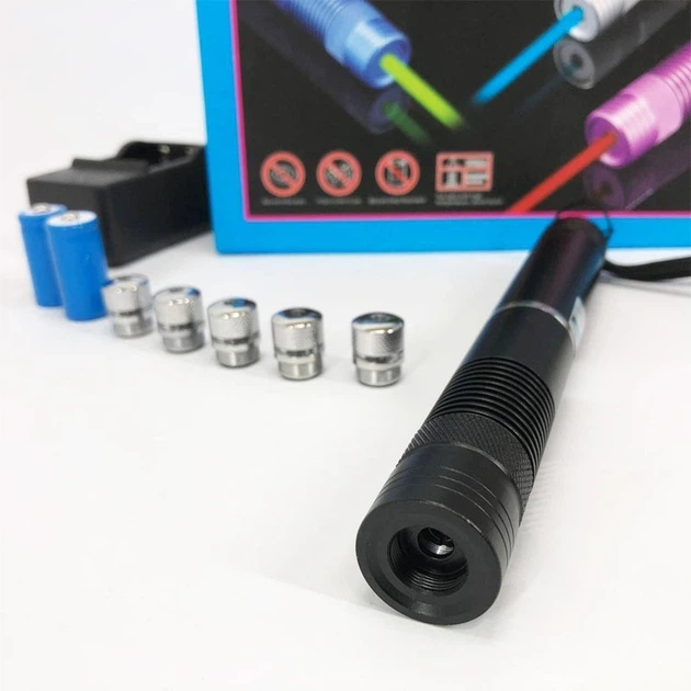 Лазерная указка YX-B008, 5 насадок 50000mW, SP2 синий луч 2 АКБ 16340 до 50км Blue Laser.Черный - изображение 9
