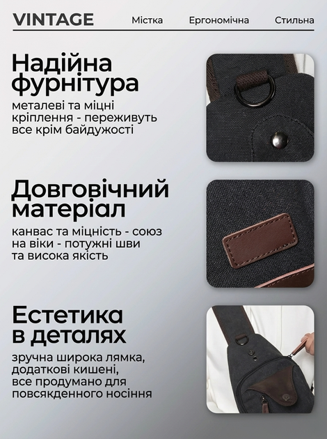 Сумка через плечо текстильная вертикальная маленькая Vintage Черная для дороги (bg200fash77) - Фото 3 Сумка через плечо текстильная вертикальная маленькая Vintage Черная для дороги (bg200fash77) - изображение 3