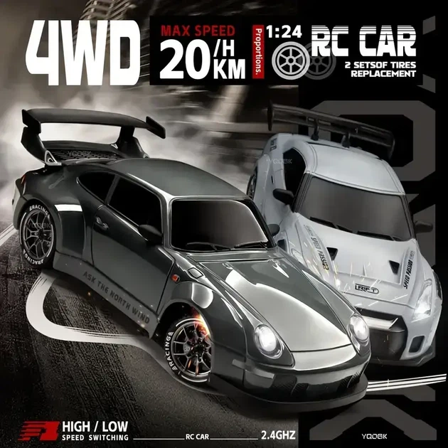 RC Машинка для дрифта 1:24 4WD 2.4GHz с LED-фарами Радиоуправляемая машина с конусами | Серо - изображение 5