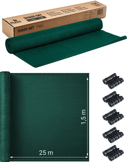 Siatka cieniująca Plonos 1.5 x 25 m + 50 zacisków Zielona (454201) - obraz 2