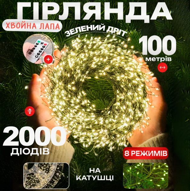 Новогодняя светодиодная гирлянда мишура Капля росы 100м 2000led от сети с пультом Хвойная лапа нить зеленая для елки Теплый - Фото 1 Новогодняя светодиодная гирлянда мишура Капля росы 100м 2000led от сети с пультом Хвойная лапа нить зеленая для елки Теплый - изображение 1