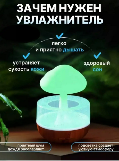 Увлажнитель воздуха гриб ночник аромадиффузор для дома комнаты офиса портативный на аккумуляторе ультразвуковой с эффектом дождя подсветкой увлажнители ночники для детей (0110) - изображение 4