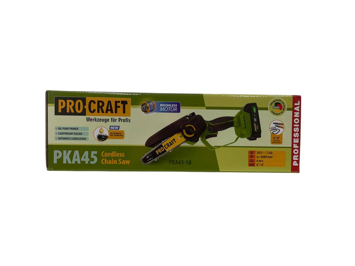Акумуляторна ланцюгова пила PROCRAFT PKA45, 20В, автоматичне змащення ланцюга, 1 АКБ - Фото 7 Акумуляторна ланцюгова пила PROCRAFT PKA45, 20В, автоматичне змащення ланцюга, 1 АКБ - зображення 7