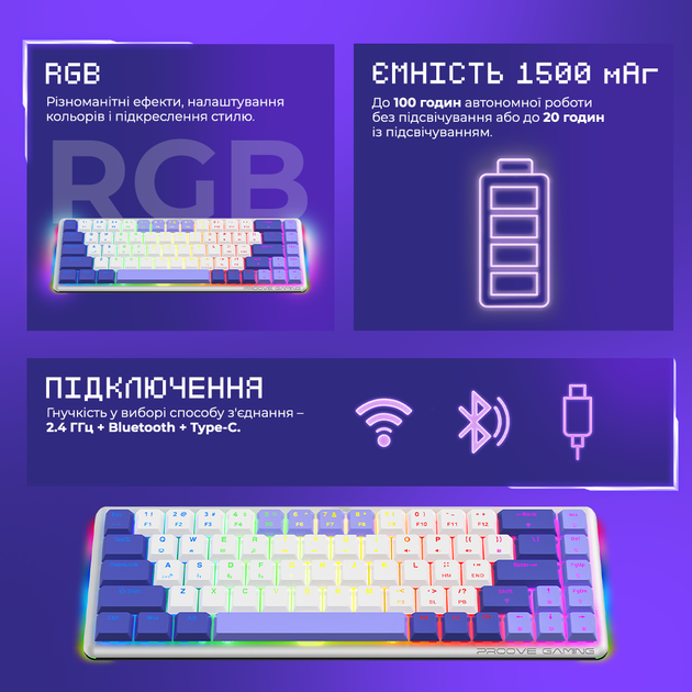 Клавиатура беспроводная Proove Gaming AFK Bluetooth/Wireless/USB Ukraine Layout Black (647440001) - изображение 4