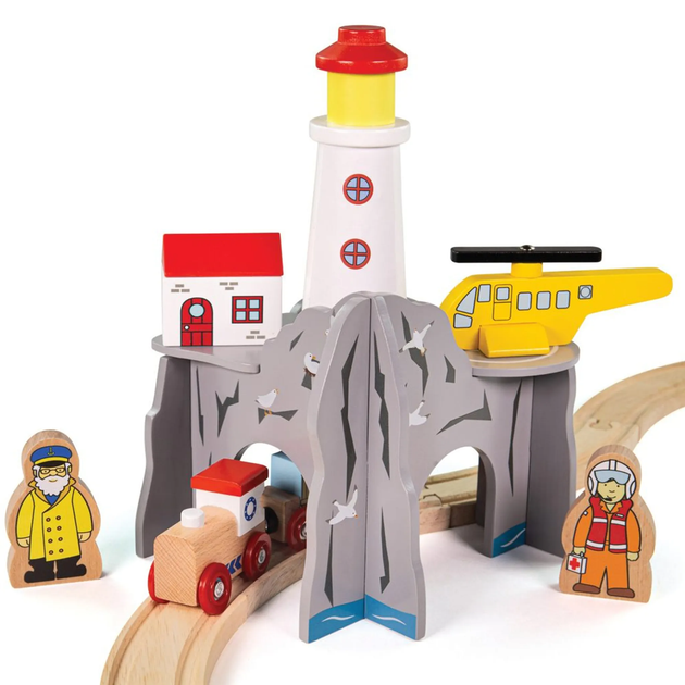 Zestaw drewniany Bigjigs Rail Czterostronny tunel z latarnią morską i heliportem (0691621722831) - obraz 2