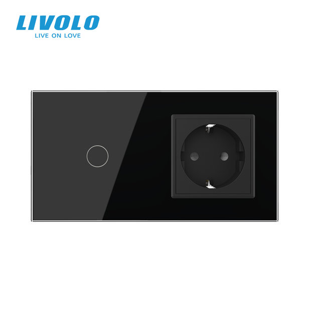 Сенсорний димер з розеткою LIVOLO 16А 230В із заземленням, шторки, чорний, скло - зображення 3