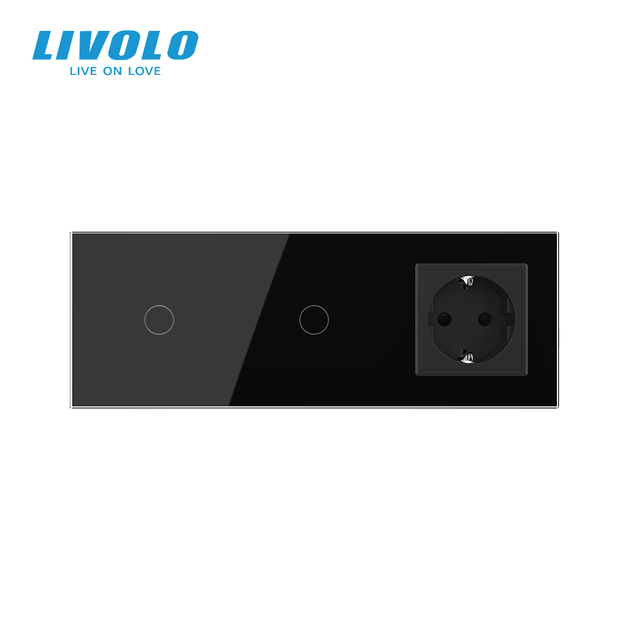 Сенсорний димер LIVOLO 2 сенсори (1-1) з розеткою, чорний, скло, 16A 230V, із заземленням, захисні шторки - Фото 3 Сенсорний димер LIVOLO 2 сенсори (1-1) з розеткою, чорний, скло, 16A 230V, із заземленням, захисні шторки - зображення 3