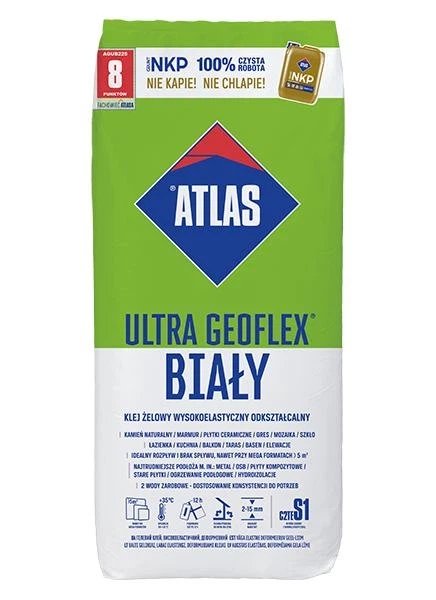 Клей для плитки високоеластичний білий ATLAS GEOFLEX ULTRA BIALY 22,5 кг - Фото 1 Клей для плитки високоеластичний білий ATLAS GEOFLEX ULTRA BIALY 22,5 кг - изображение 1