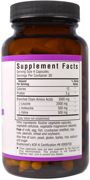 Аминокислота Bluebonnet Nutrition BCAAs 4:1:1 Ratio (Разветвленные Цепи Аминокислот) 120 гелевых капсул (743715015906) - изображение 2