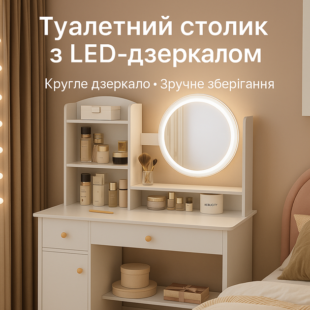Туалетний столик для макіяжу STL-MD 73 з дзеркалом та LED-підсвіткою, з поличками та шухлядами Білий - Фото 1 Туалетний столик для макіяжу STL-MD 73 з дзеркалом та LED-підсвіткою, з поличками та шухлядами Білий - изображение 1