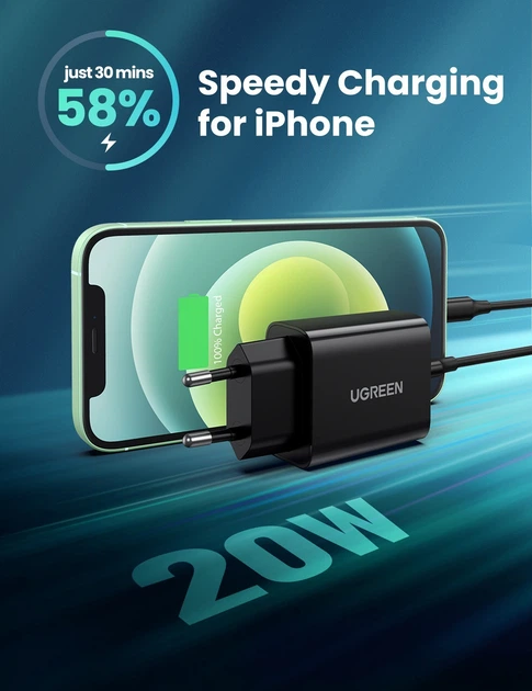 Мережевий зарядний пристрій UGREEN CD137 USB-C PD 20W QC4.0 3A Black (10191) - Фото 3 Мережевий зарядний пристрій UGREEN CD137 USB-C PD 20W QC4.0 3A Black (10191) - зображення 3