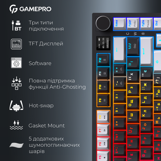 Клавиатура беспроводная GamePro Asgard Valhalla Pro MK160B-D-Pro Rainy Switch Wireless/Bluetooth/USB Black (MK160B-D-Pro) - изображение 19