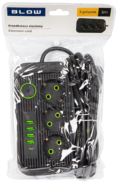 Подовжувач мережевий Blow PS-350U 3-розетковий 4 x USB 1 x USB-C 5 м Чорний (5900804143062) - зображення 4