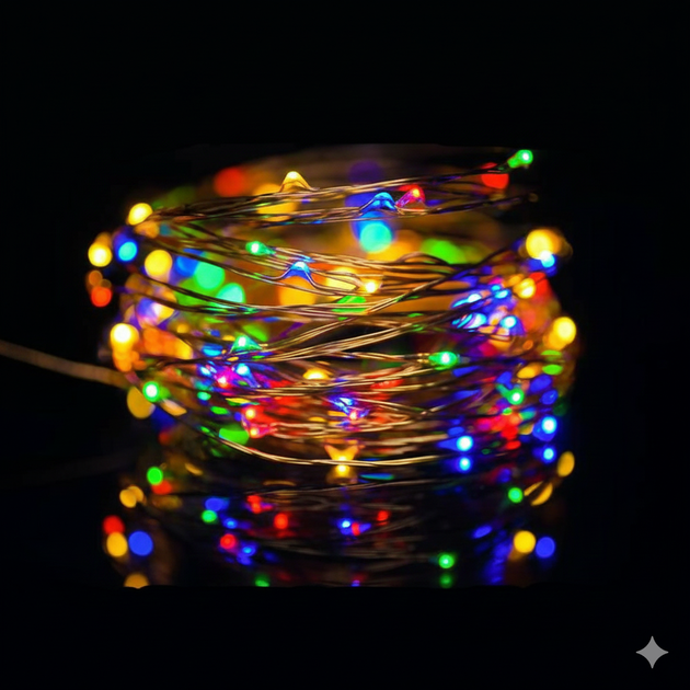 Светодиодная гирлянда Xmas Капля росы 100 Led 10m на медной проволоке Мультицветная от батареек+USB - изображение 2