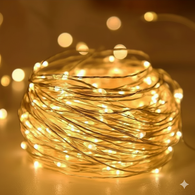 Светодиодная гирлянда Xmas Капля росы 100 Led 10m на медной проволоке Теплый и белый от батареек+USB - Фото 3 Светодиодная гирлянда Xmas Капля росы 100 Led 10m на медной проволоке Теплый и белый от батареек+USB - изображение 3