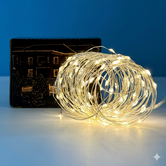 Светодиодная гирлянда Xmas Капля росы 100 Led 10m на медной проволоке Теплый и белый от батареек+USB - Фото 6 Светодиодная гирлянда Xmas Капля росы 100 Led 10m на медной проволоке Теплый и белый от батареек+USB - изображение 6