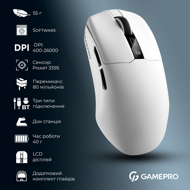 Миша GamePro Asgard Thor Wireless/Bluetooth/USB PixArt PAW3395 Sensor White (GM023W) - Фото 18 Миша GamePro Asgard Thor Wireless/Bluetooth/USB PixArt PAW3395 Sensor White (GM023W) - зображення 18