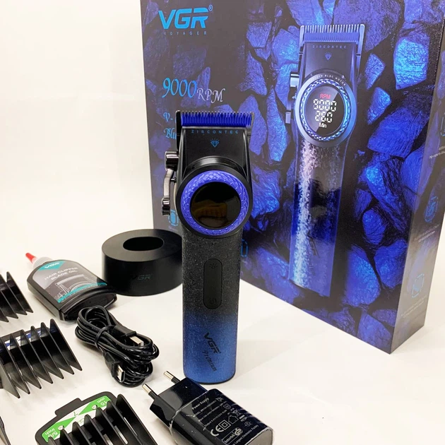 Професійна машинка для стрижки волосся VGR V-001 BLUE з дисплеєм 9000 об/хв та 10 насадками 1,5-24 мм - Фото 6 Професійна машинка для стрижки волосся VGR V-001 BLUE з дисплеєм 9000 об/хв та 10 насадками 1,5-24 мм - зображення 6
