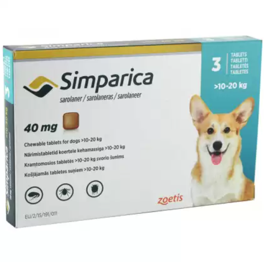 Сімпарика (Simparica) для собак вагою 10-20 кг, 3 табл по 40 мг від бліх та кліщів (ціна за упаковку) - Фото 1 Сімпарика (Simparica) для собак вагою 10-20 кг, 3 табл по 40 мг від бліх та кліщів (ціна за упаковку) - зображення 1