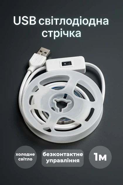 USB світлодіодна стрічка 5V, холодне біле світло, з безконтактним управлінням, 1м - Фото 1 USB світлодіодна стрічка 5V, холодне біле світло, з безконтактним управлінням, 1м - зображення 1
