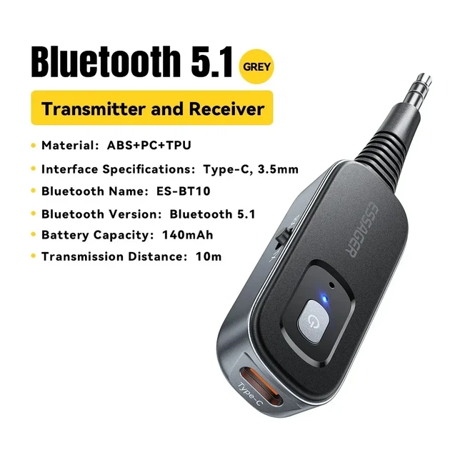 Bluetooth трансмітер-ресивер Essager AUX 3.5, TX/RX, для авто, ПК, колонок, аудіосистем - Фото 7 Bluetooth трансмітер-ресивер Essager AUX 3.5, TX/RX, для авто, ПК, колонок, аудіосистем - зображення 7