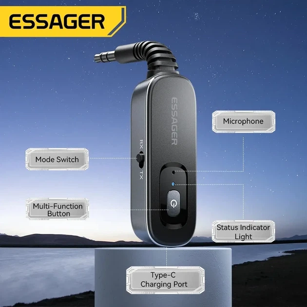 Bluetooth трансмітер-ресивер Essager AUX 3.5, TX/RX, для авто, ПК, колонок, аудіосистем - Фото 8 Bluetooth трансмітер-ресивер Essager AUX 3.5, TX/RX, для авто, ПК, колонок, аудіосистем - зображення 8