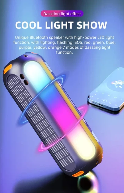 Портативна Bluetooth колонка з сонячною панеллю ES-T69 Pro Max 20W 5000mah, мульти ліхтар, магніт - Фото 10 Портативна Bluetooth колонка з сонячною панеллю ES-T69 Pro Max 20W 5000mah, мульти ліхтар, магніт - зображення 10
