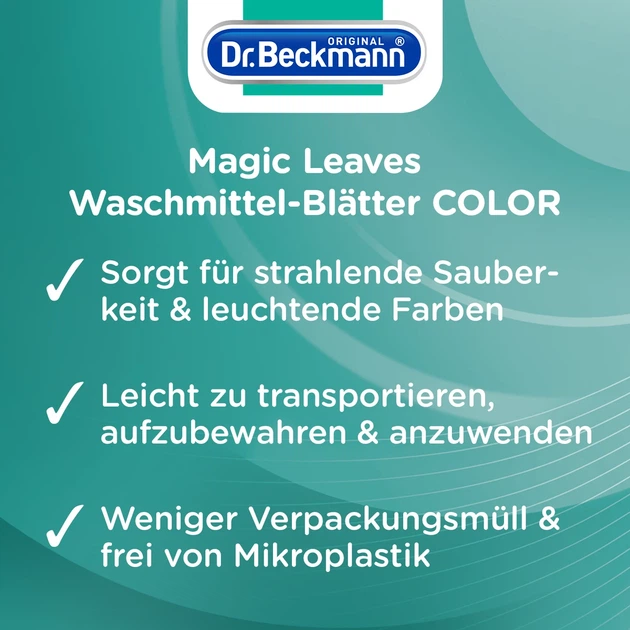 Еко-порошок у серветках для прання Dr. Beckmann MAGIC LEAVES Colorwaschmittel Laundry detergent sheets, 25 шт - Фото 11 Еко-порошок у серветках для прання Dr. Beckmann MAGIC LEAVES Colorwaschmittel Laundry detergent sheets, 25 шт - зображення 11