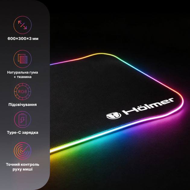 Коврик для мыши с подсветкой Holmer 600х300х3 мм Black (GMP-01RGB) - изображение 3