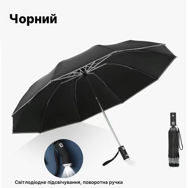Зонт обратного сложения PowerMe LumiSafe Umbrella с LED фонариком и светоотражающей лентой Черный - Фото 6 Зонт обратного сложения PowerMe LumiSafe Umbrella с LED фонариком и светоотражающей лентой Черный - изображение 6