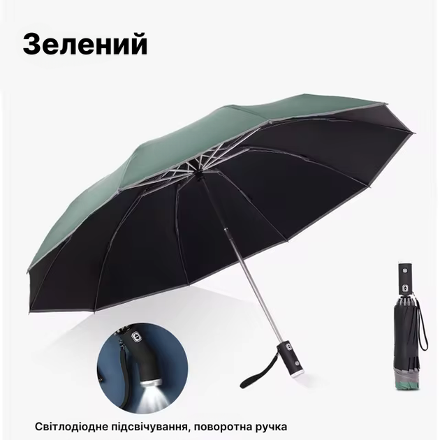 Зонт обратного сложения PowerMe LumiSafe Umbrella с LED фонариком и светоотражающей лентой Зеленый - изображение 3