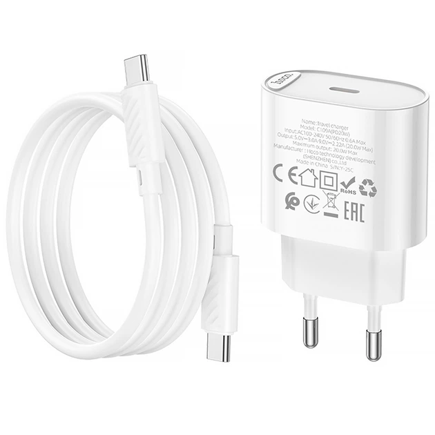 Сетевое зарядное устройство HOCO C109A Fighter PD20W (1USB-C) + кабель Type-C to Type-C (White) (243515) - Фото 6 Сетевое зарядное устройство HOCO C109A Fighter PD20W (1USB-C) + кабель Type-C to Type-C (White) (243515) - изображение 6