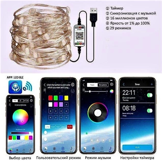 Розумна Музична LED гірлянда для танців Meiq-it Led RGB 10м на 100 ламп від usb павербанк керування через телефон, пульт із синхронізацією музики по Bluetooth (Різнокольорова) - Фото 6 Розумна Музична LED гірлянда для танців Meiq-it Led RGB 10м на 100 ламп від usb павербанк керування через телефон, пульт із синхронізацією музики по Bluetooth (Різнокольорова) - зображення 6