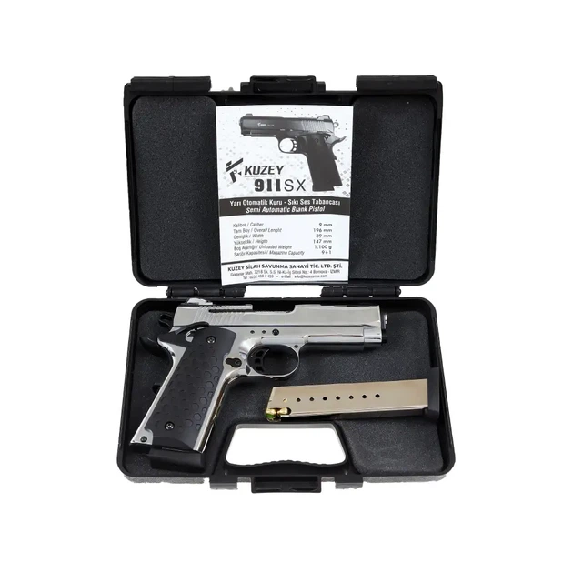 Стартовий пістолет Kuzey 911 SX matte chrome, чорні ручки, з дод. магазином (Colt 1911)+ 15 патронов - зображення 4