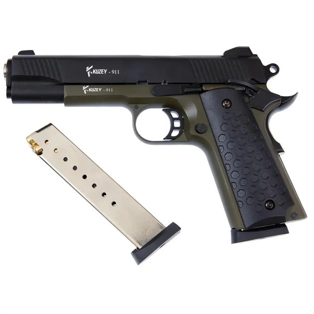 Стартовый пистолет Kuzey 911 black/haki, чёрные ручки, с доп. магазином (Colt 1911)+ 15 патронів - изображение 2