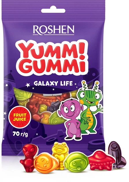 Упаковка желейных конфет Roshen Yummi Gummi Galaxy Life 70 г х 5 шт (4823077636356) - Фото 2 Упаковка желейных конфет Roshen Yummi Gummi Galaxy Life 70 г х 5 шт (4823077636356) - изображение 2