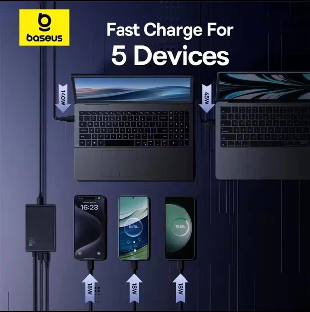 Потужна мережева зарядка 240вт Baseus Digital GaN Intelligent Desktop Charger 240W 3C+U+DC - изображение 7