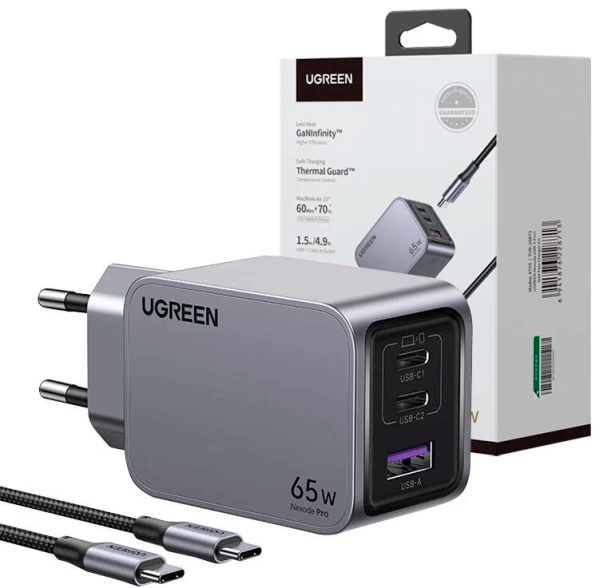Мережевий зарядний пристрій Ugreen Nexode Pro 65W USB + 2x USB-C + кабель USB-C Grey (6941876228713) - зображення 4