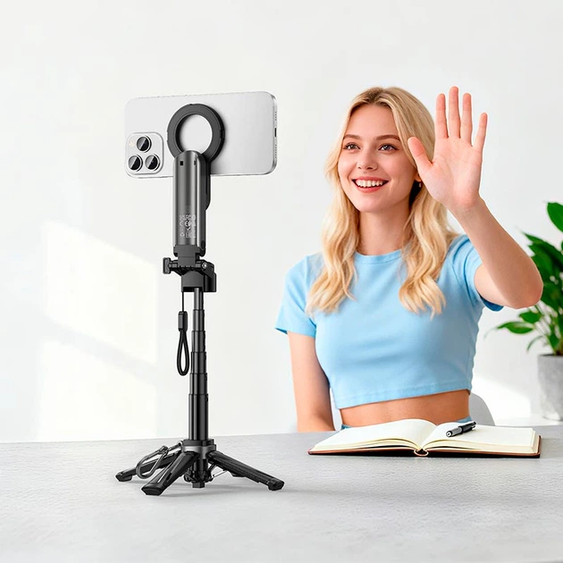 Монопод HOCO Magic mini live broadcast stand (pull clip+magnetic focusing version) K27 Pro |BT5.2, 4.5-7"| Black - Фото 8 Монопод HOCO Magic mini live broadcast stand (pull clip+magnetic focusing version) K27 Pro |BT5.2, 4.5-7"| Black - изображение 8